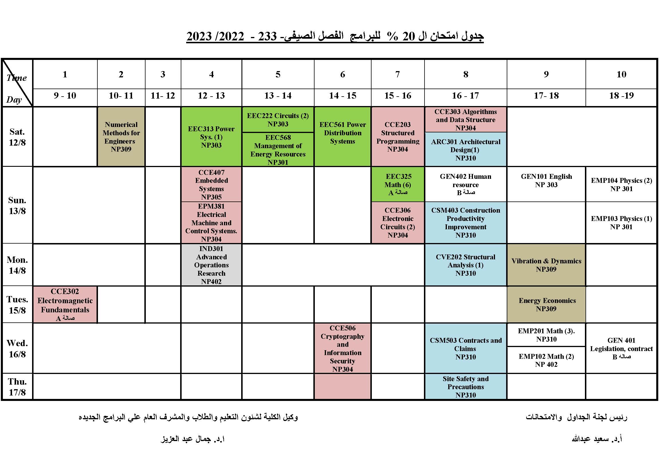 جدول امتحان ال 20 للفصل الصيفي 233