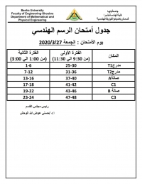 جدول امتحان نصف الفصل الدراسي الثاني لمادة الرسم الهندسي للعام الجامعي 2019-2020